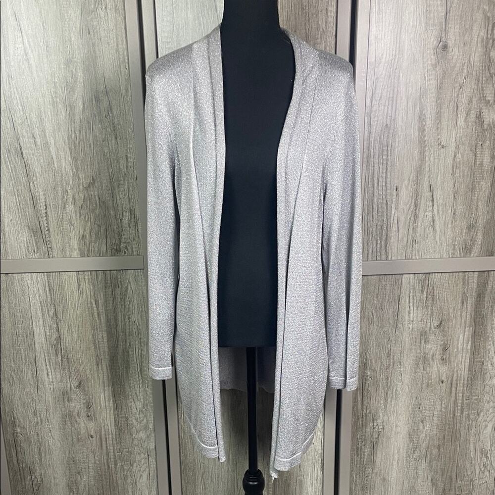 Chico's Open Front Long Cardigan Shimmering Silver Metallic Cardigan Women's 2